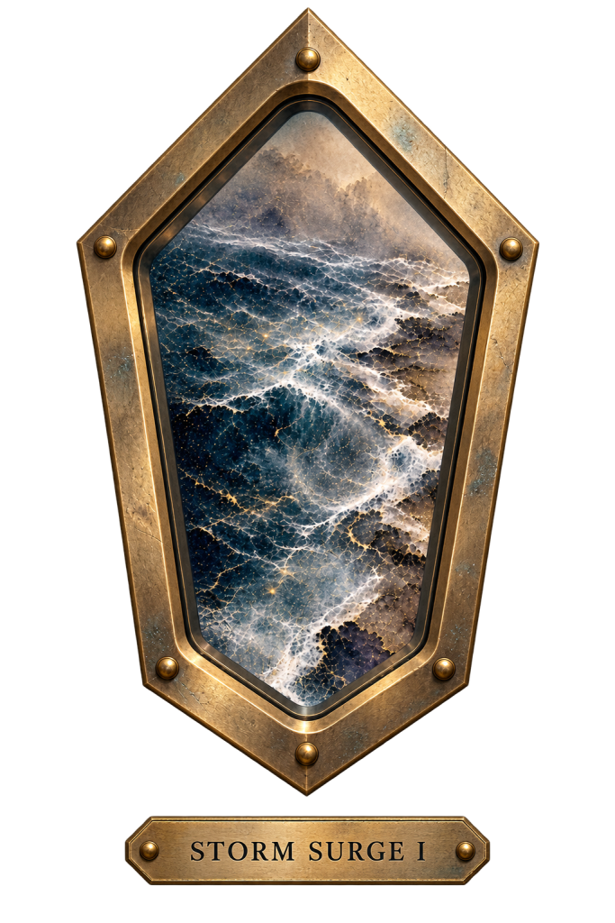 Storm Surge I: a faceted brass porthole showing churning waves