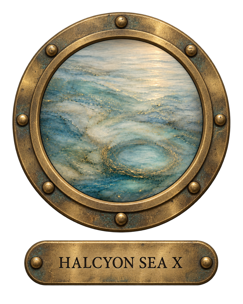 Halcyon Sea X: a round brass porthole showing calm turquoise water