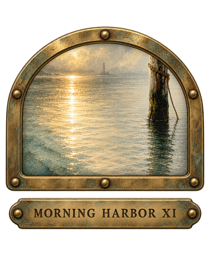 Morning Harbor XI: an arched brass window showing a still harbor at sunrise