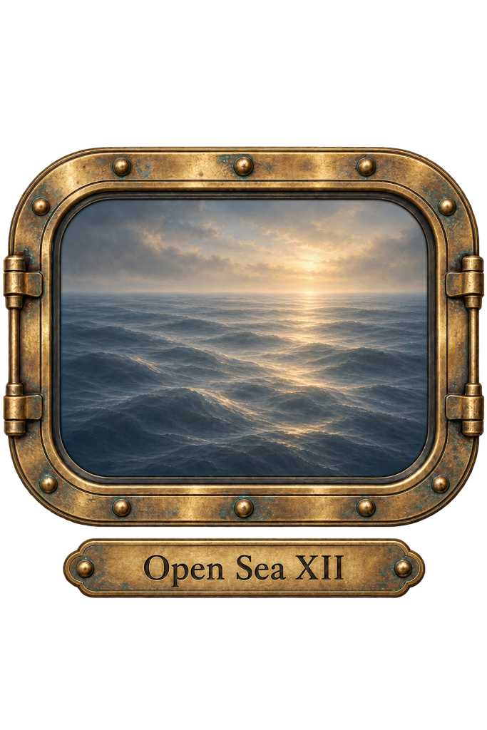 Open Sea XII: a brass porthole showing open water under a golden sky