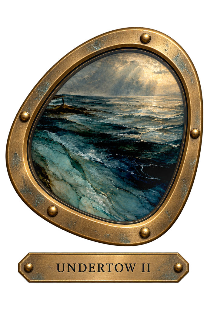 Undertow II: a rounded brass porthole showing a dark, rolling sea
