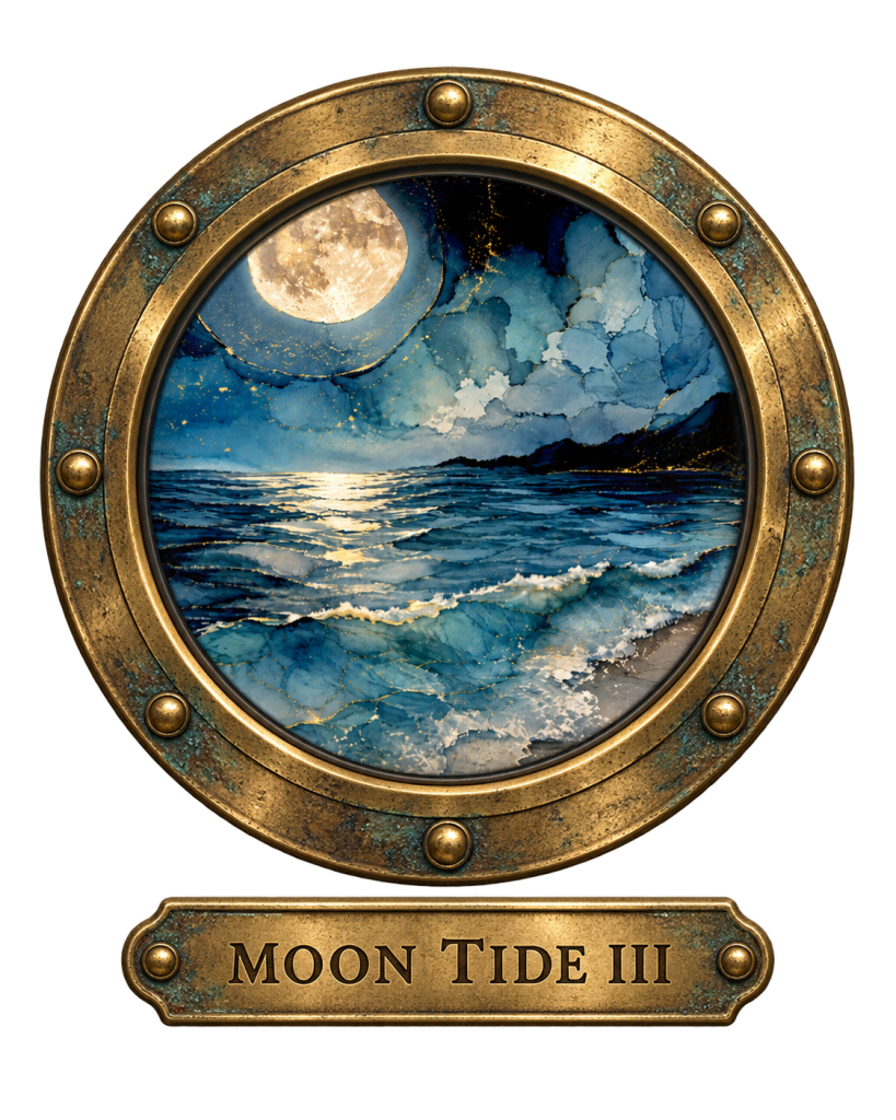 Moon Tide III: a round brass porthole showing a full moon over a night sea
