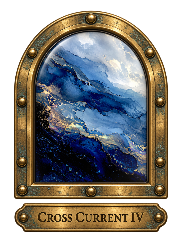 Cross Current IV: an arched brass window showing deep blue waves