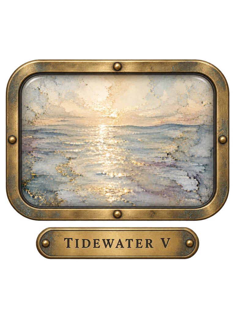 Tidewater V: a rounded brass window showing a pale, sunlit sea