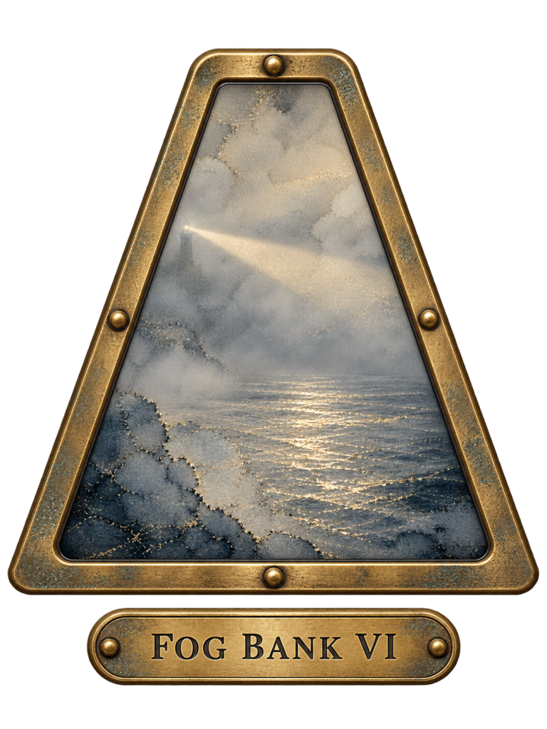 Fog Bank VI: a trapezoid brass window showing fog over a gray sea