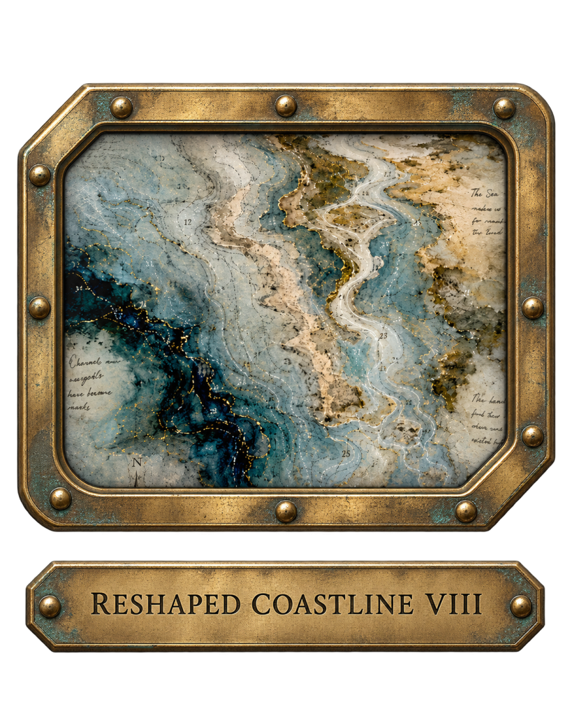 Reshaped Coastline VIII: a brass window showing marbled blue and gold shoreline patterns