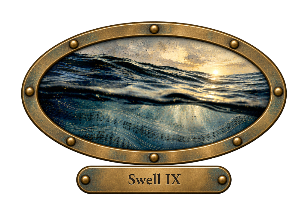Swell IX: an oval brass porthole showing a swelling wave at sunset