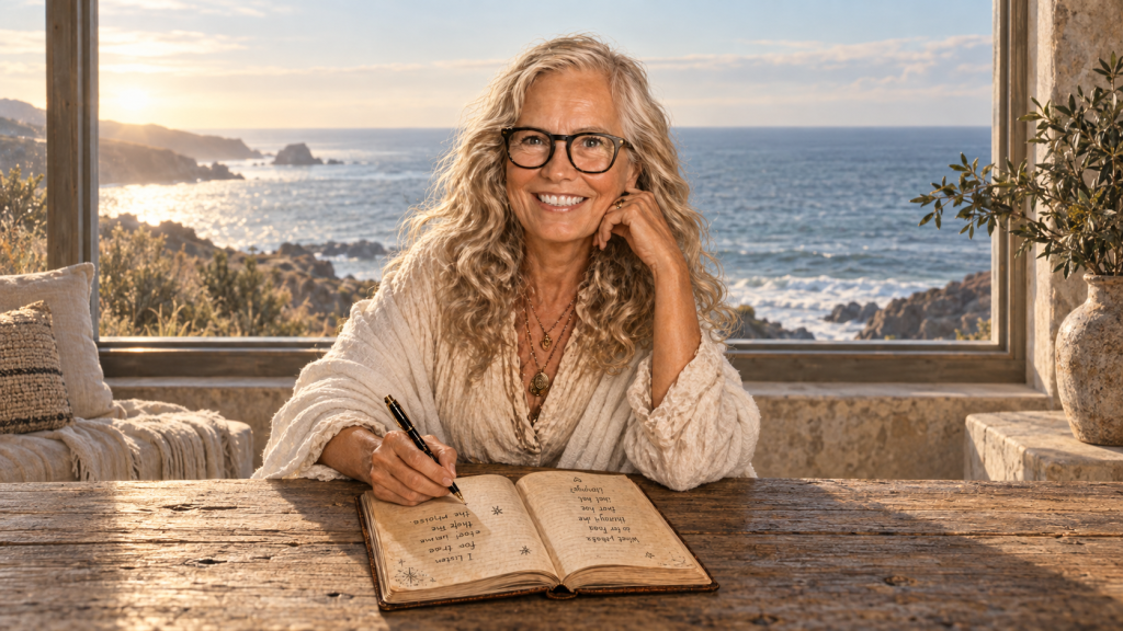 Crystal seated at a wooden table by a window overlooking the sea, writing in a journal