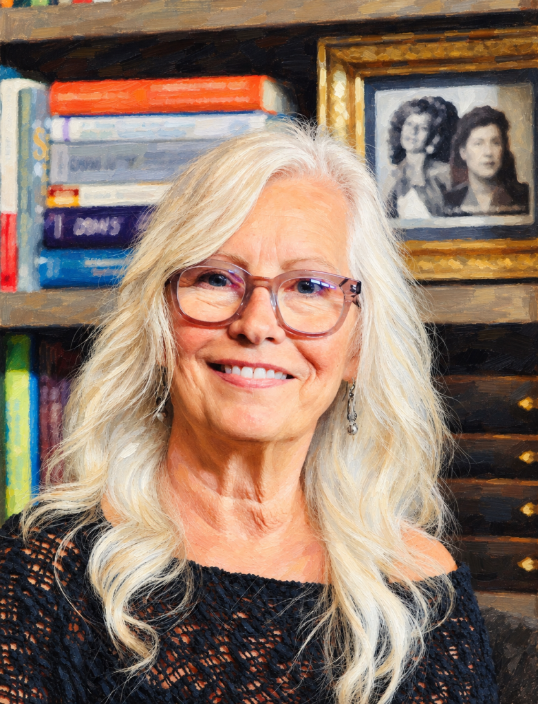 Portrait of Crystal, founder of Etched from the Soul, smiling in front of a bookshelf.