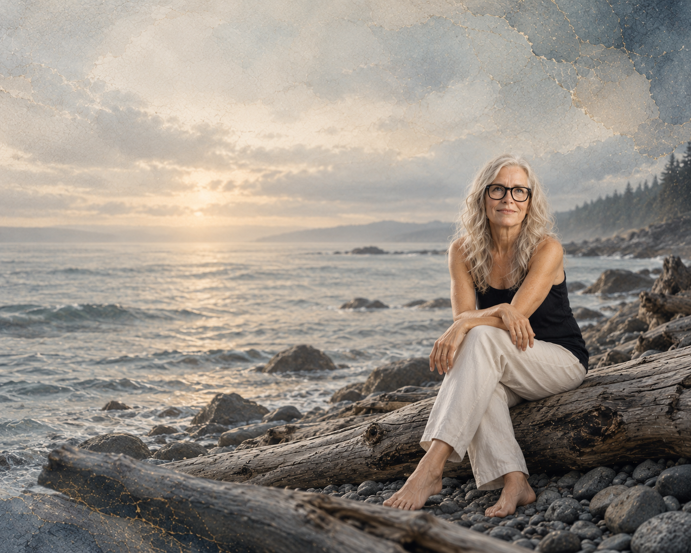 Crystal seated on a driftwood log on a rocky shore beneath a soft sunrise sky