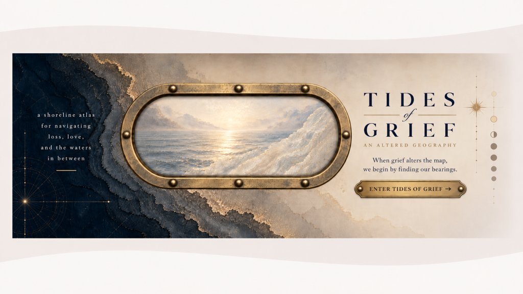 Tides of Grief: a brass porthole framing a sunlit sea beside the title Tides of Grief
