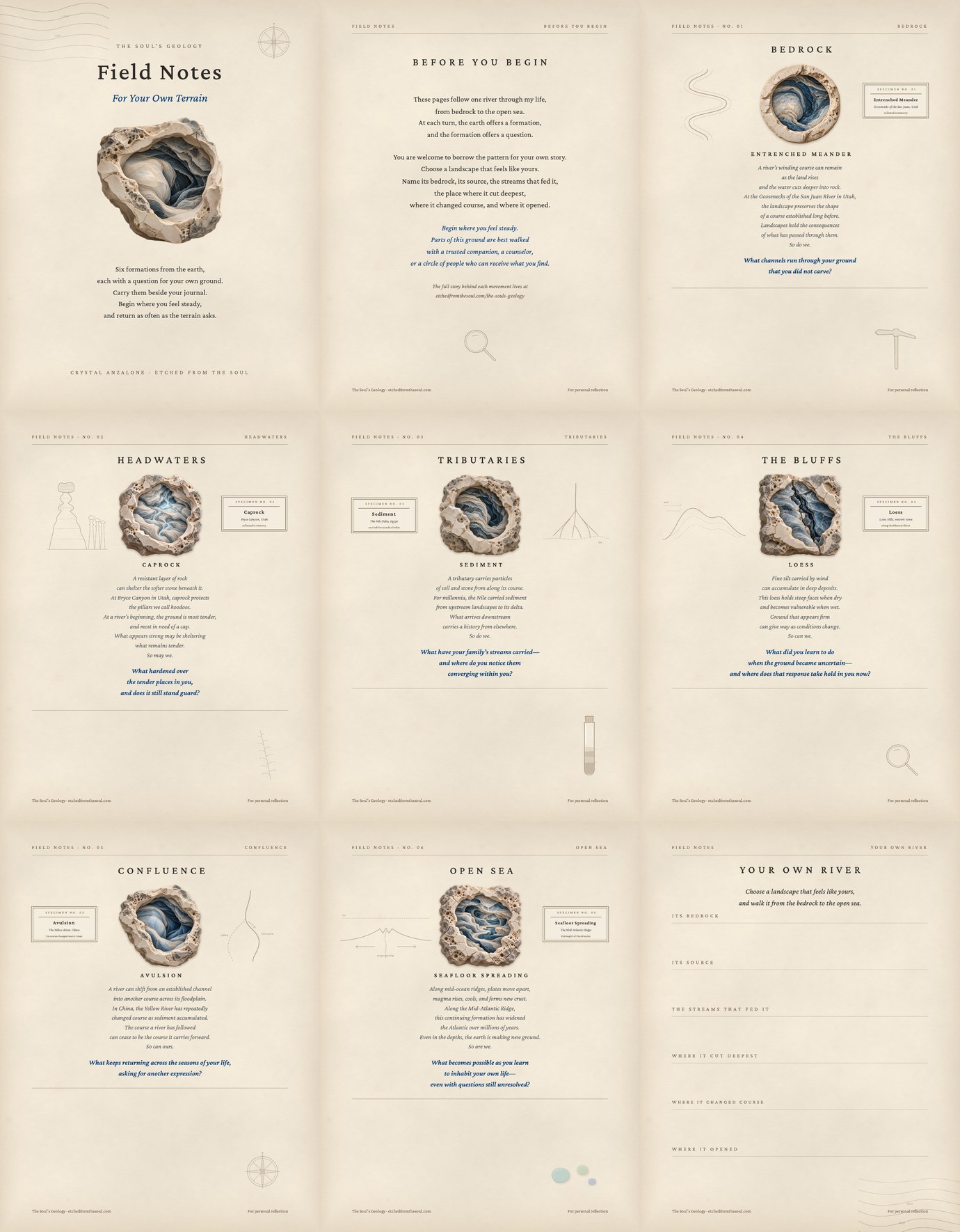 The nine pages of Field Notes for Your Own Terrain, a printable parchment journal with a stone, a field note, and a question for each movement