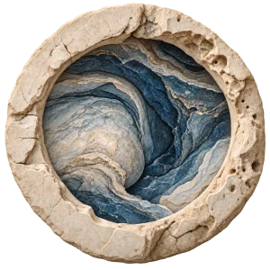 Round stone with a smooth rim opening onto swirling layers of blue and cream stone
