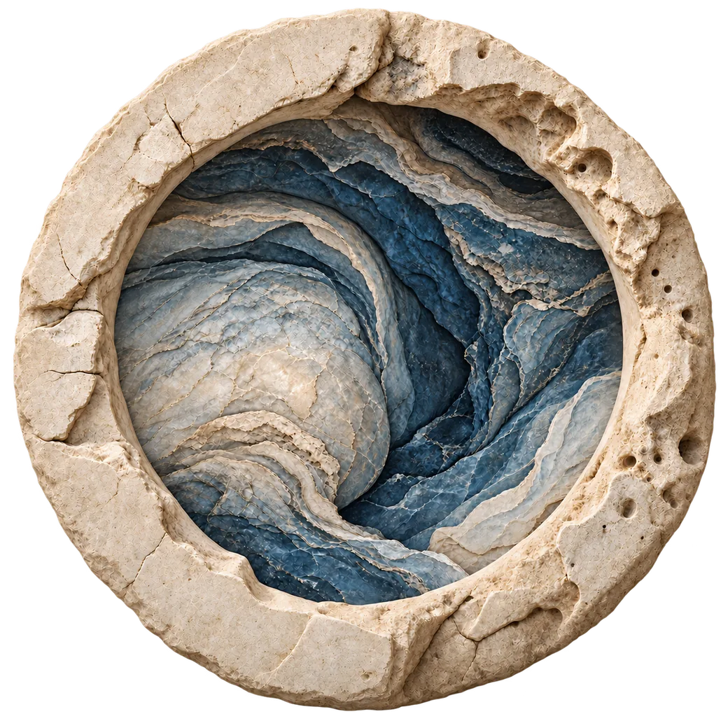 Round stone with a smooth rim opening onto swirling layers of blue and cream stone