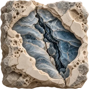 Stone split by a deep fissure with a thread of pale water running far below