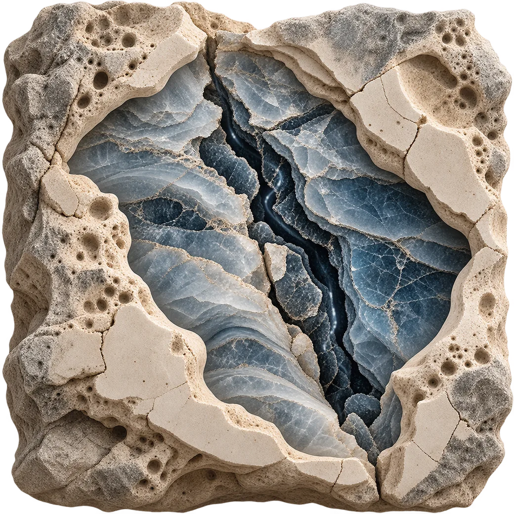 Stone split by a deep fissure with a thread of pale water running far below