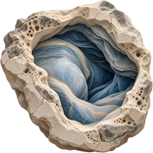Tilted stone opening where pale and blue currents of stone turn into each other