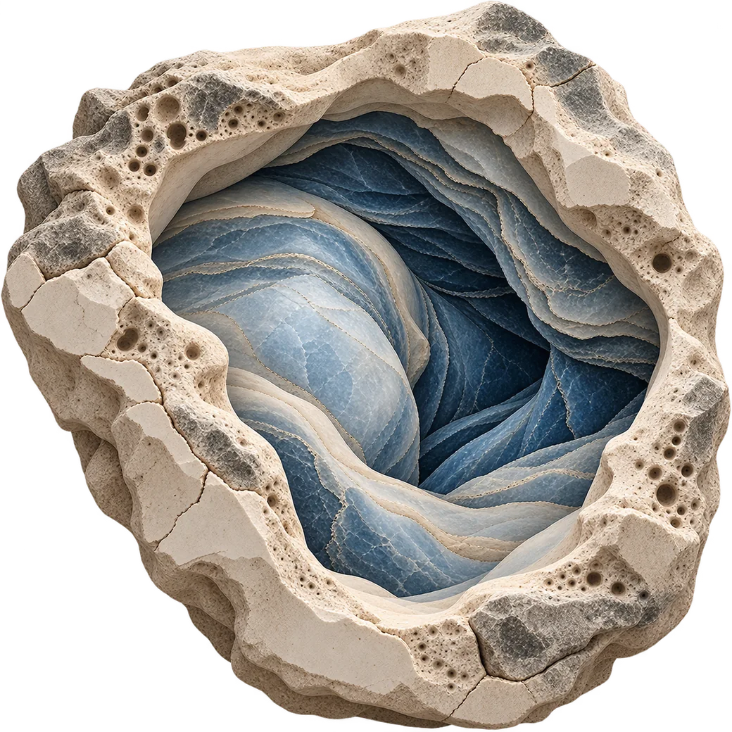 Tilted stone opening where pale and blue currents of stone turn into each other
