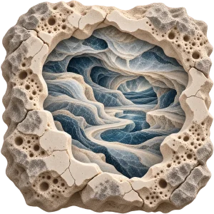 Stone opening whose layered blue interior parts to let light through on the far side