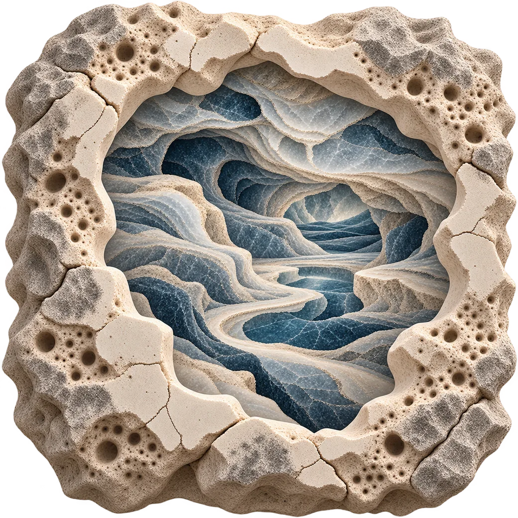 Stone opening whose layered blue interior parts to let light through on the far side