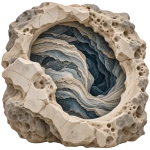 Stone opening with thin layers of blue and cream stone converging into one dark channel