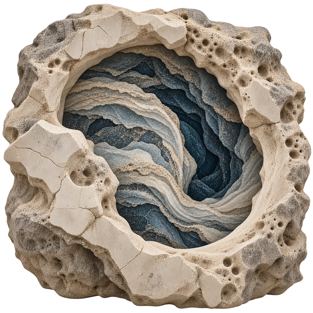Stone opening with thin layers of blue and cream stone converging into one dark channel